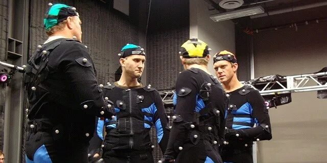 Актёры в mocap-костюмах с маркерами во время телесного захвата