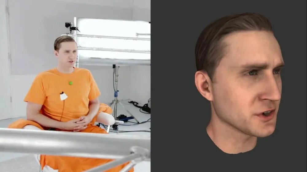Сравнение актёра в студии MotionScan и итоговой 3D-модели лица
